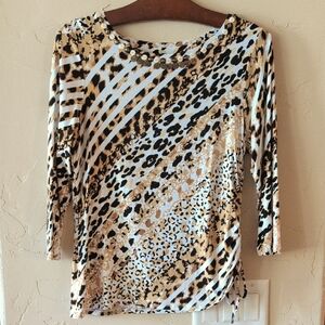 Ruby Rd. Animal Print 3/4 Sleeve Top With Side Ruching